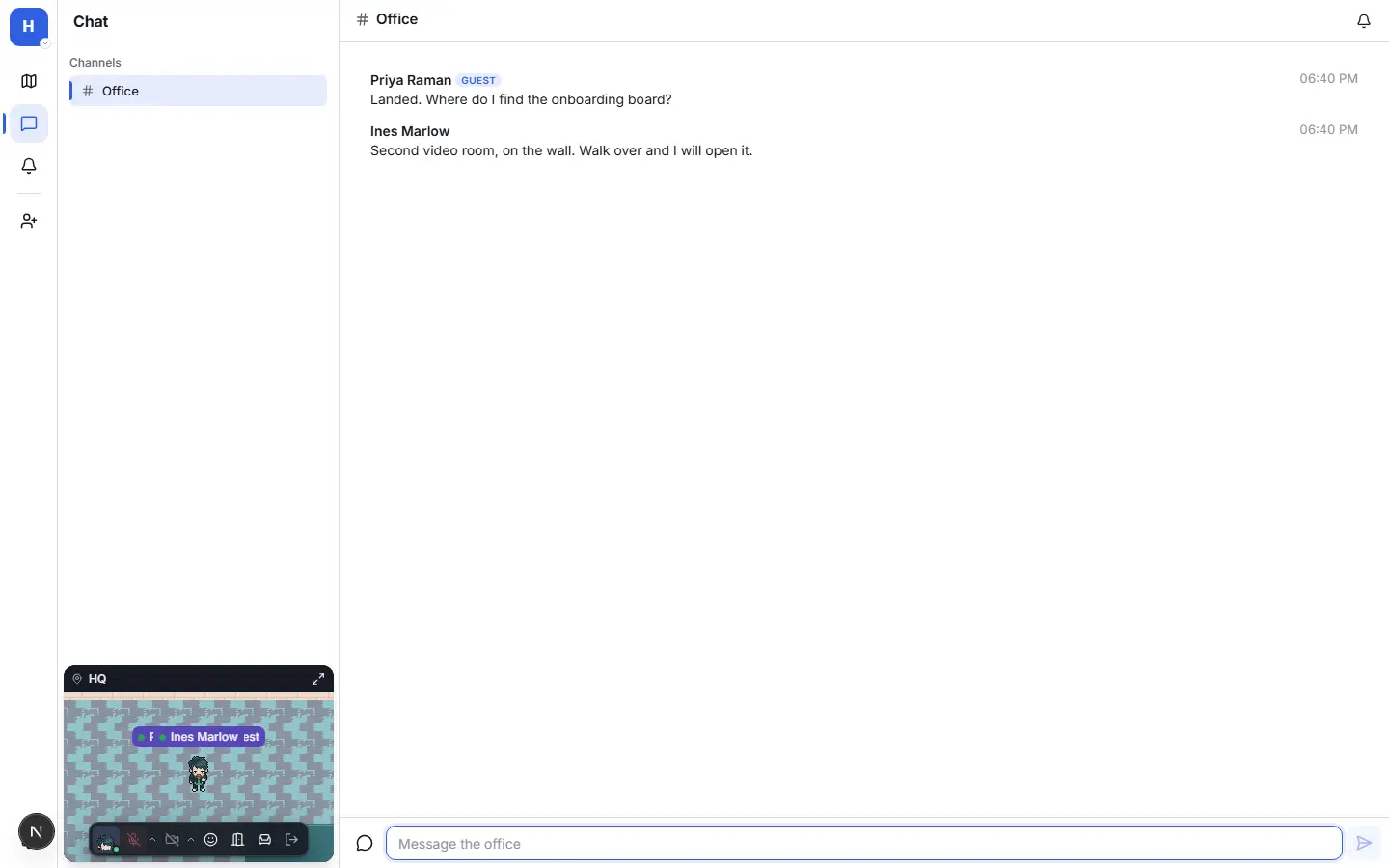 The chat panel in Sameplace beside the office