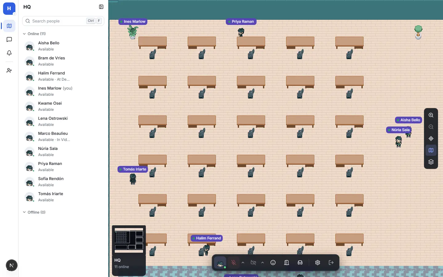 The office floor in Sameplace, with the people list beside it
