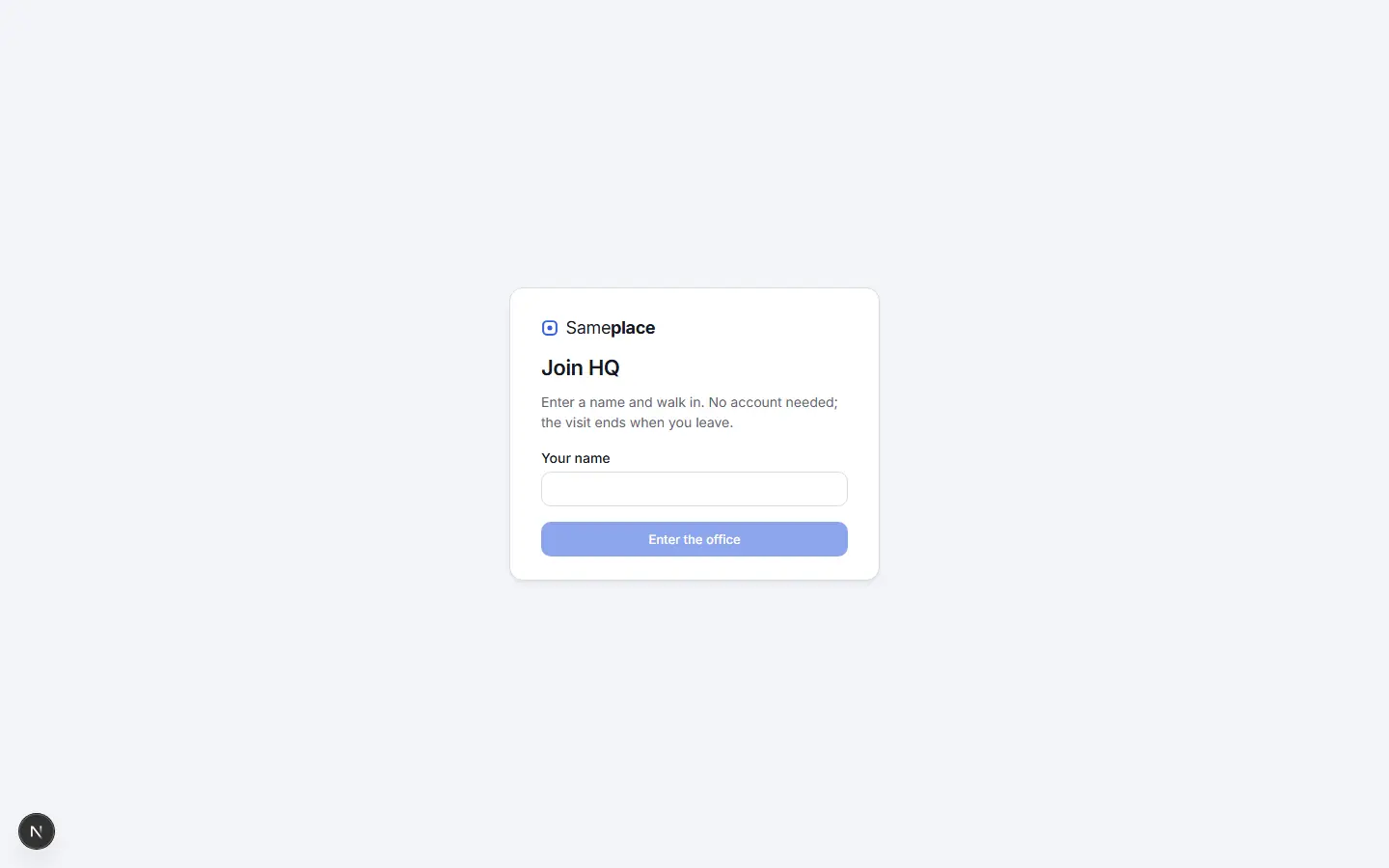 The guest entry screen in Sameplace