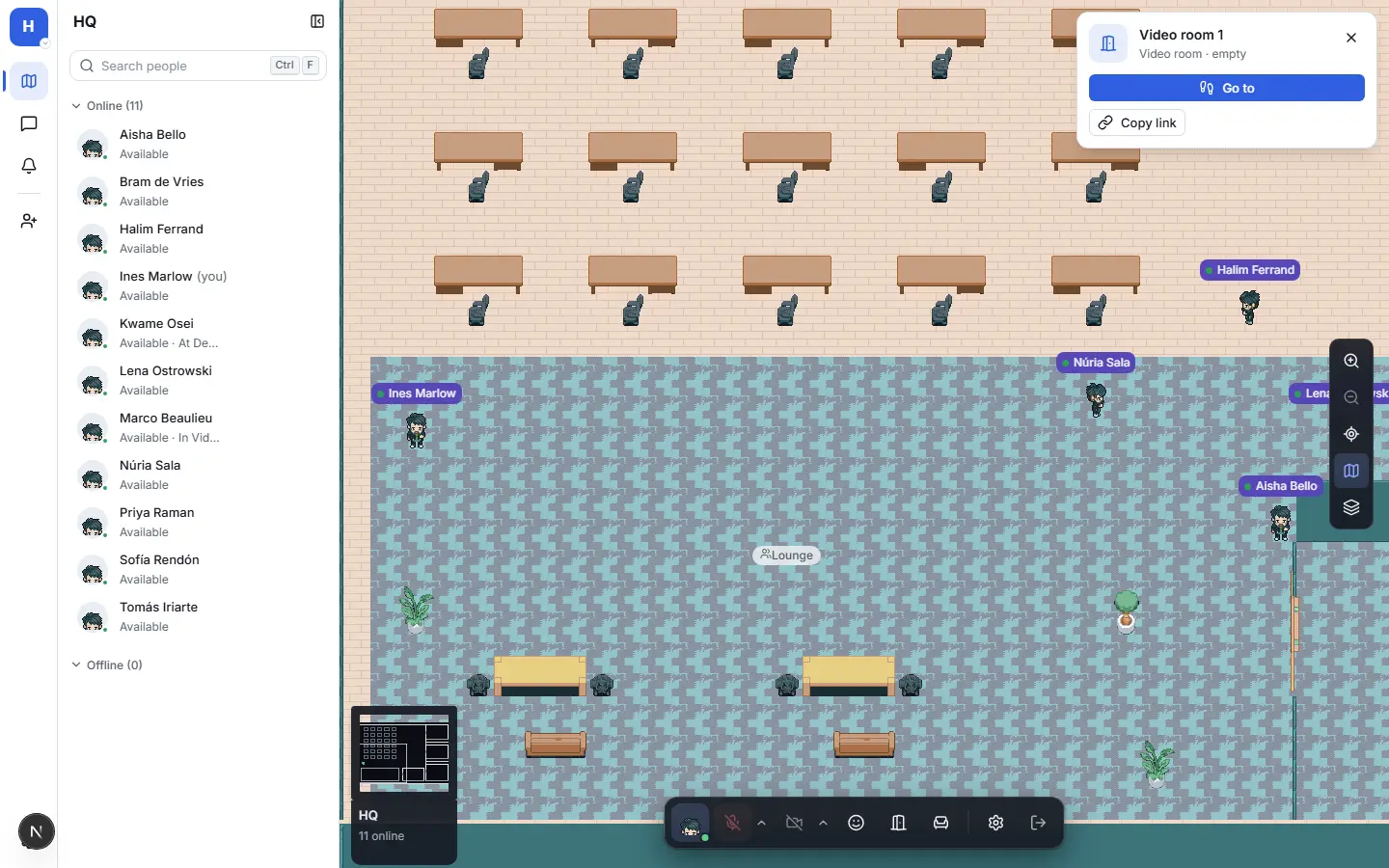 A video room in Sameplace with its card open