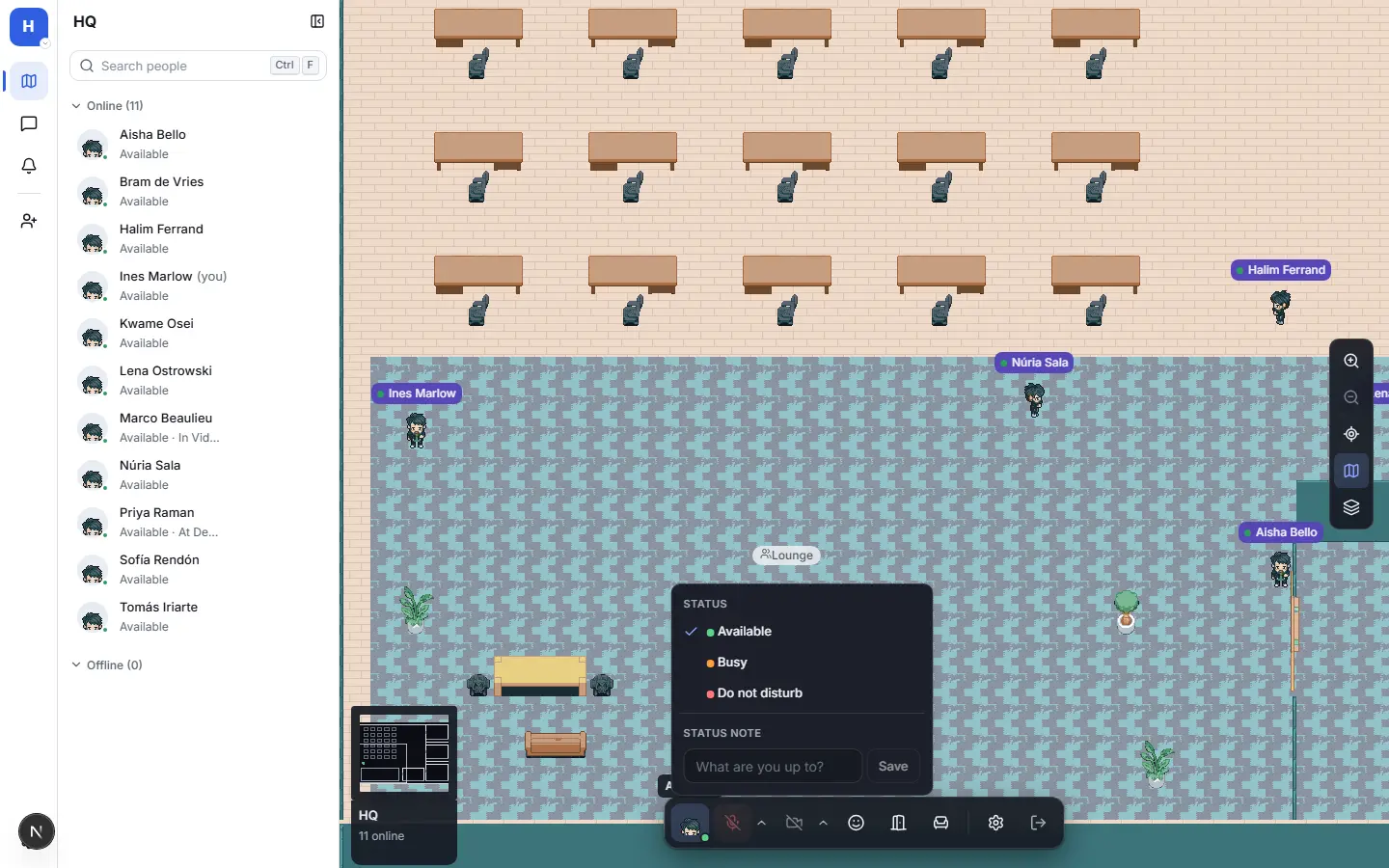 The status menu in Sameplace